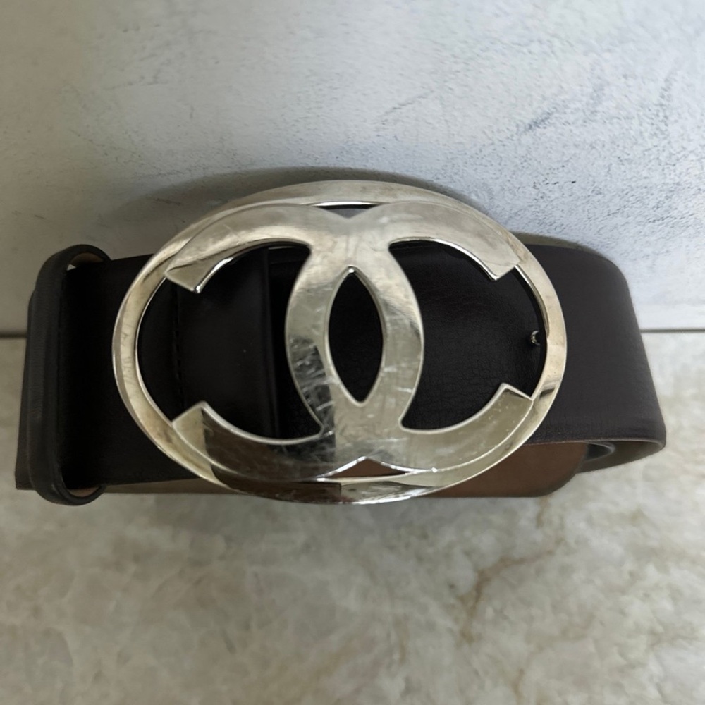 Authentic Chanel silver buckle brown belt 85